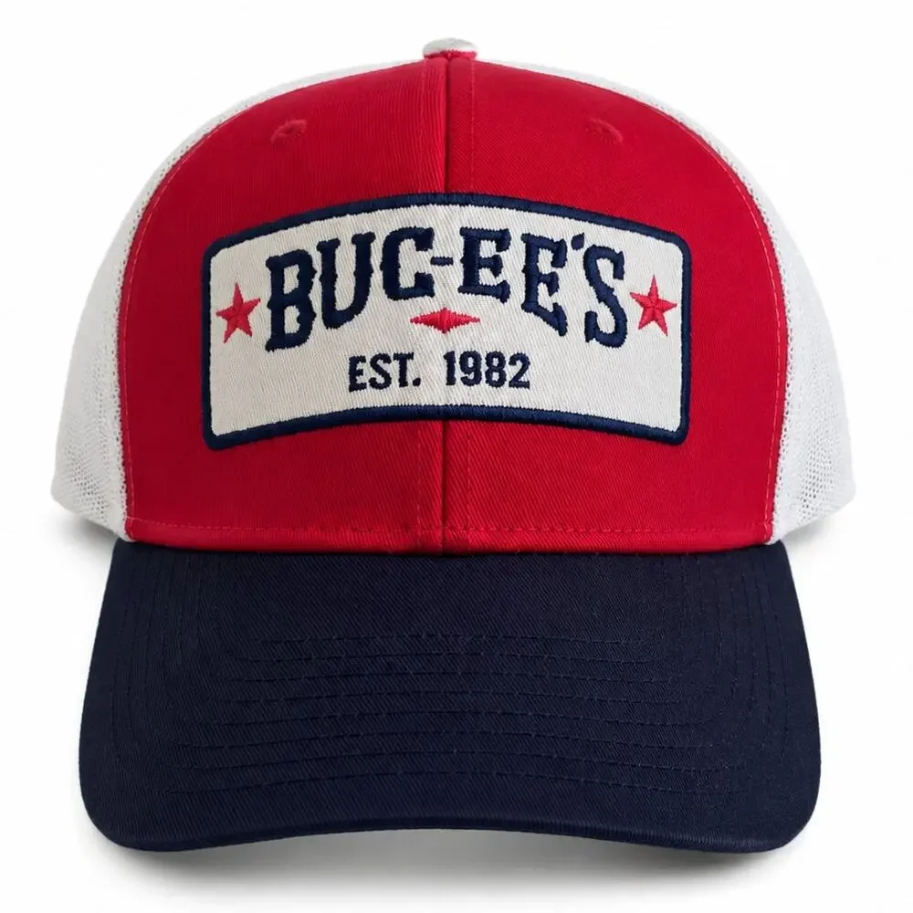 Buc-ee’s Est 1982 Red White Blue Mesh Back Trucker Hat Stretch Fit